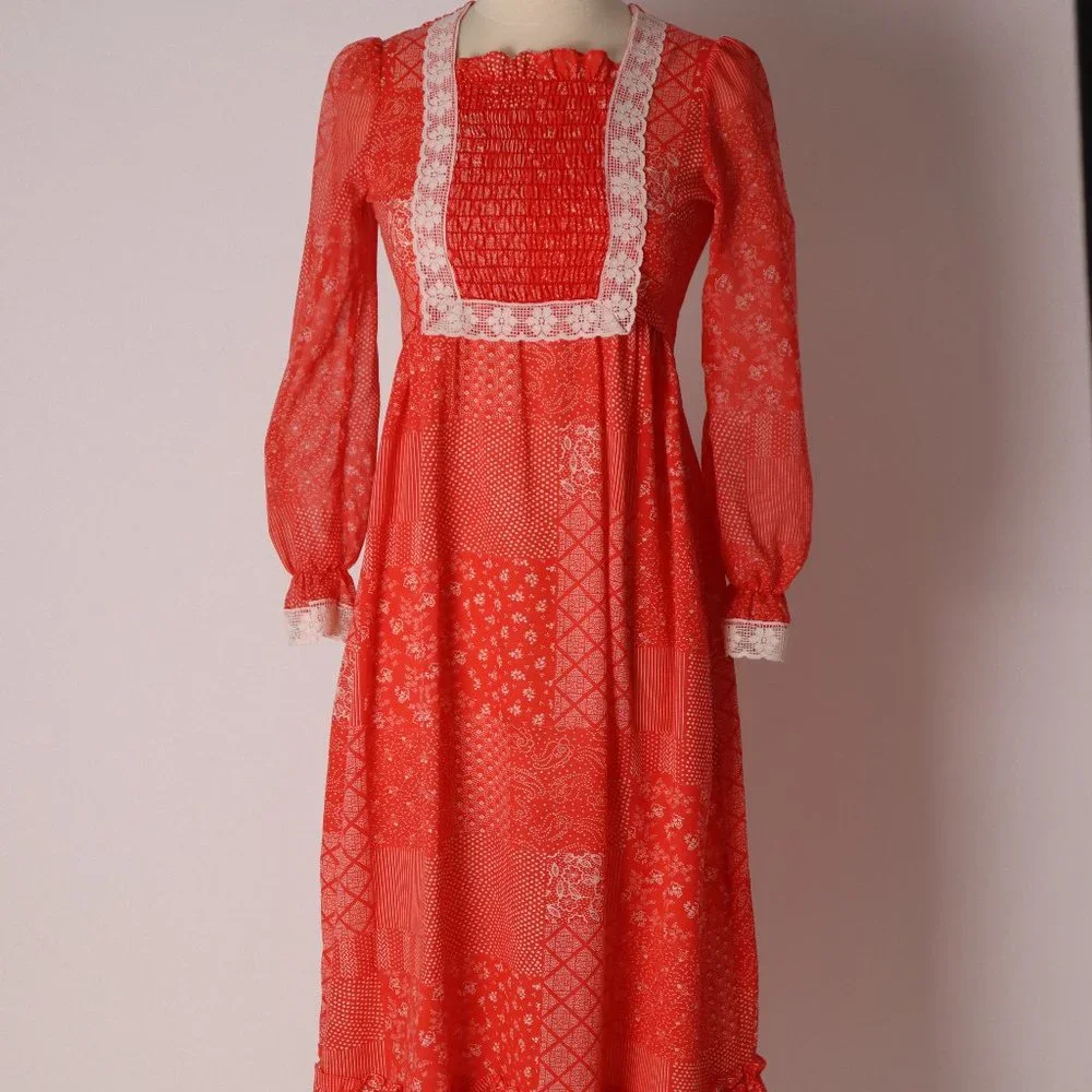 Vintage Red Prairie Boho Calico Cottage Core Floral Lace Dress Hippie Peasant XS - Picture 2 of 10